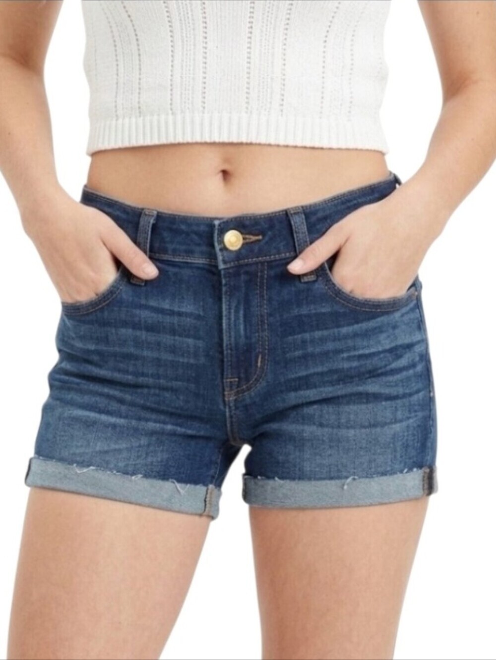 American Eagle Whiskered Roll Cuff Denim Midi Super Super Stretch Shorts